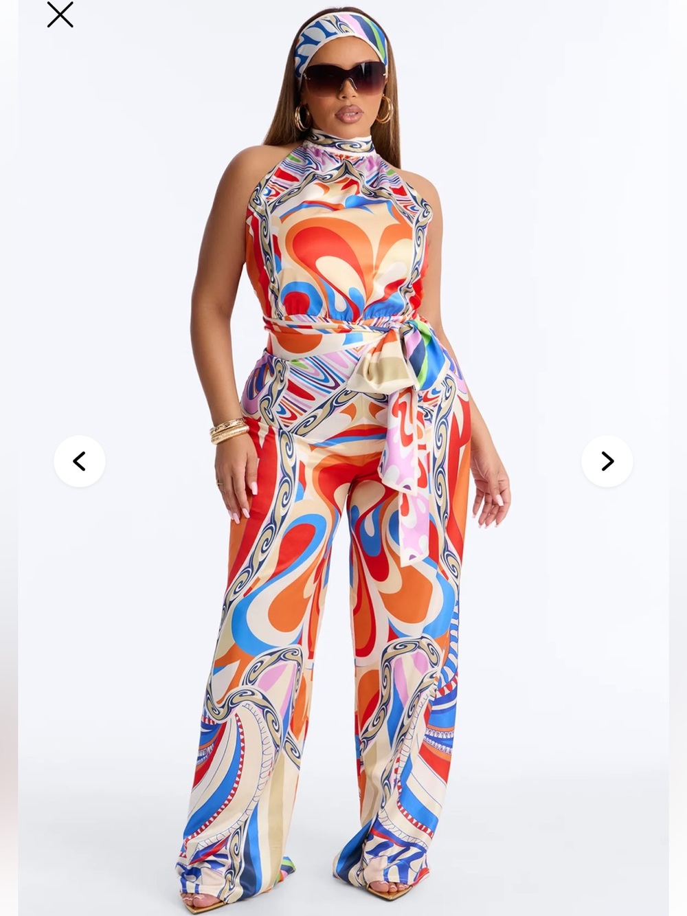 “FASHION NOVA” Abstract Retro Swirls Satin Jumpsuit with Headscarf